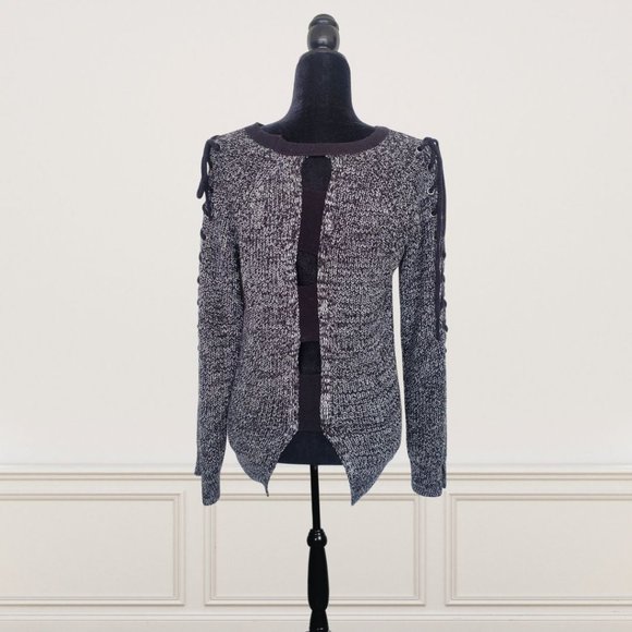 Gray Black Textured Sweater w/ Back Cut-out & Cold Shoulder - Picture 3 of 6